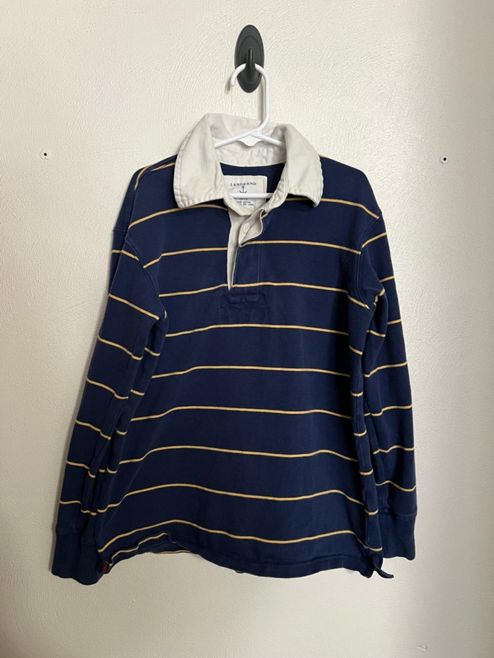 LAND'S END 100% Cotton Long Sleeve Striped Rugby Shirt Blue Yellow Boy's Sz M